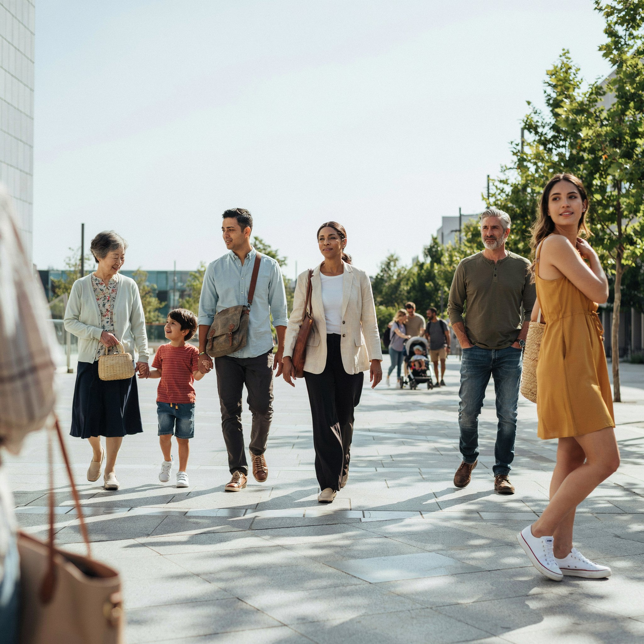 A diverse group of people moving through a bright public space