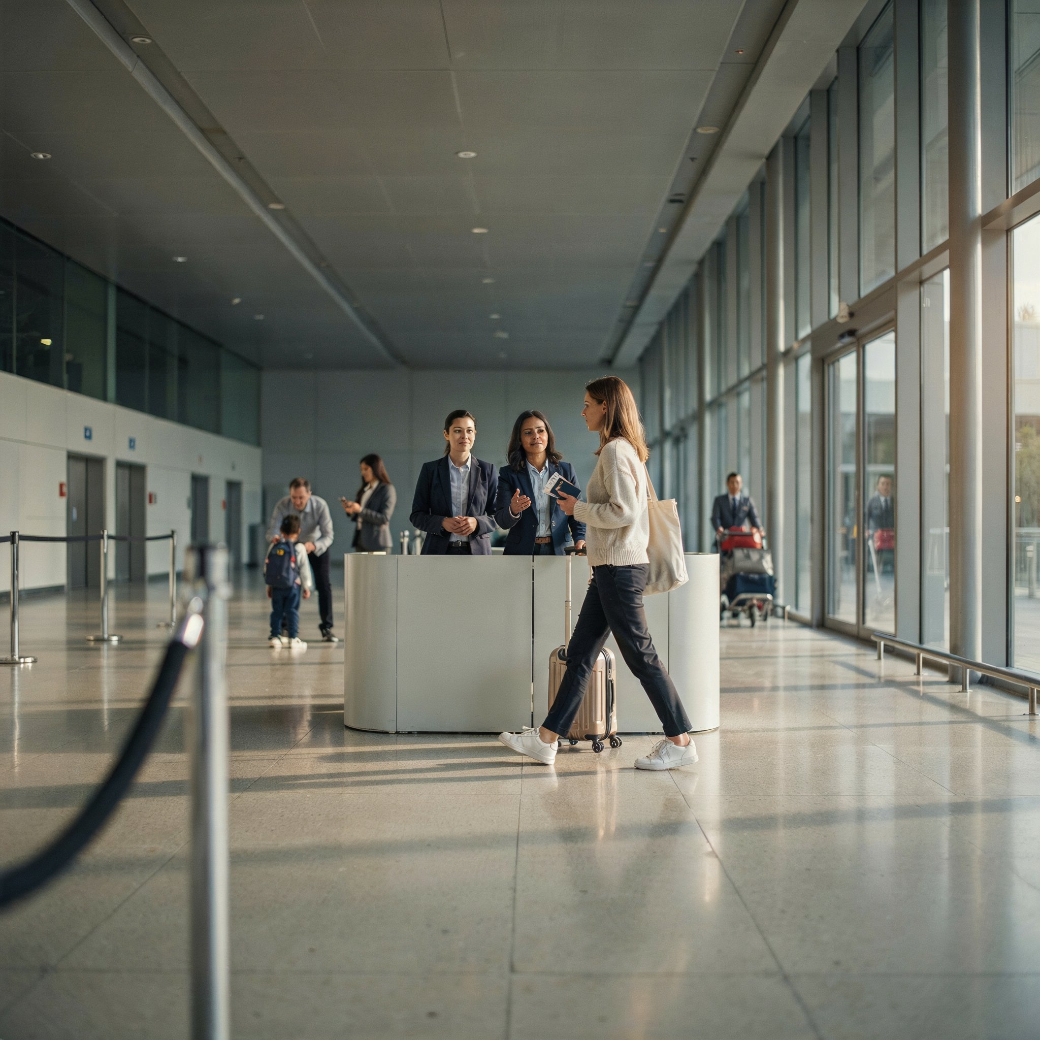 A traveler approaching a clean, orderly checkpoint in an airport arrivals hall