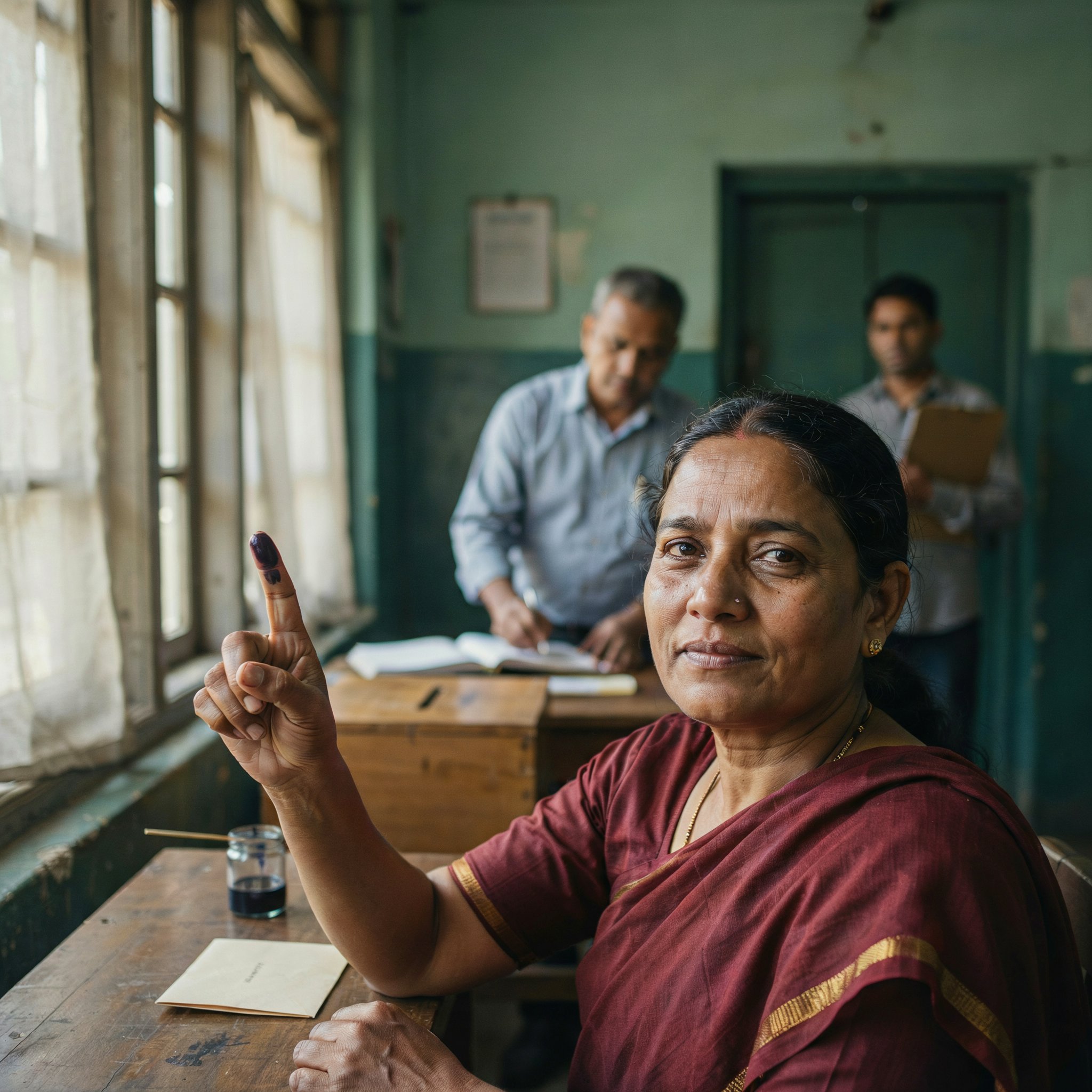 A voter with an ink-marked finger at a polling place