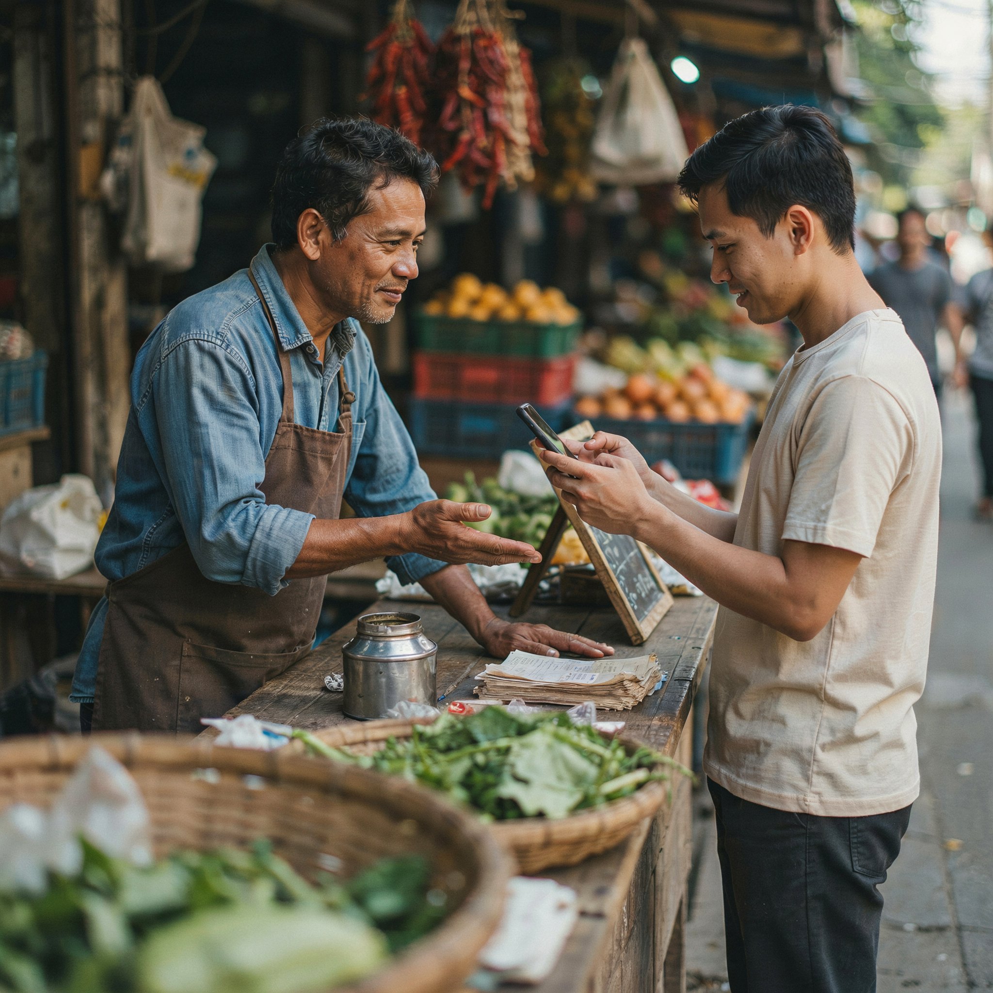 A vendor and customer in a trusted mobile-banking transaction at a market stall