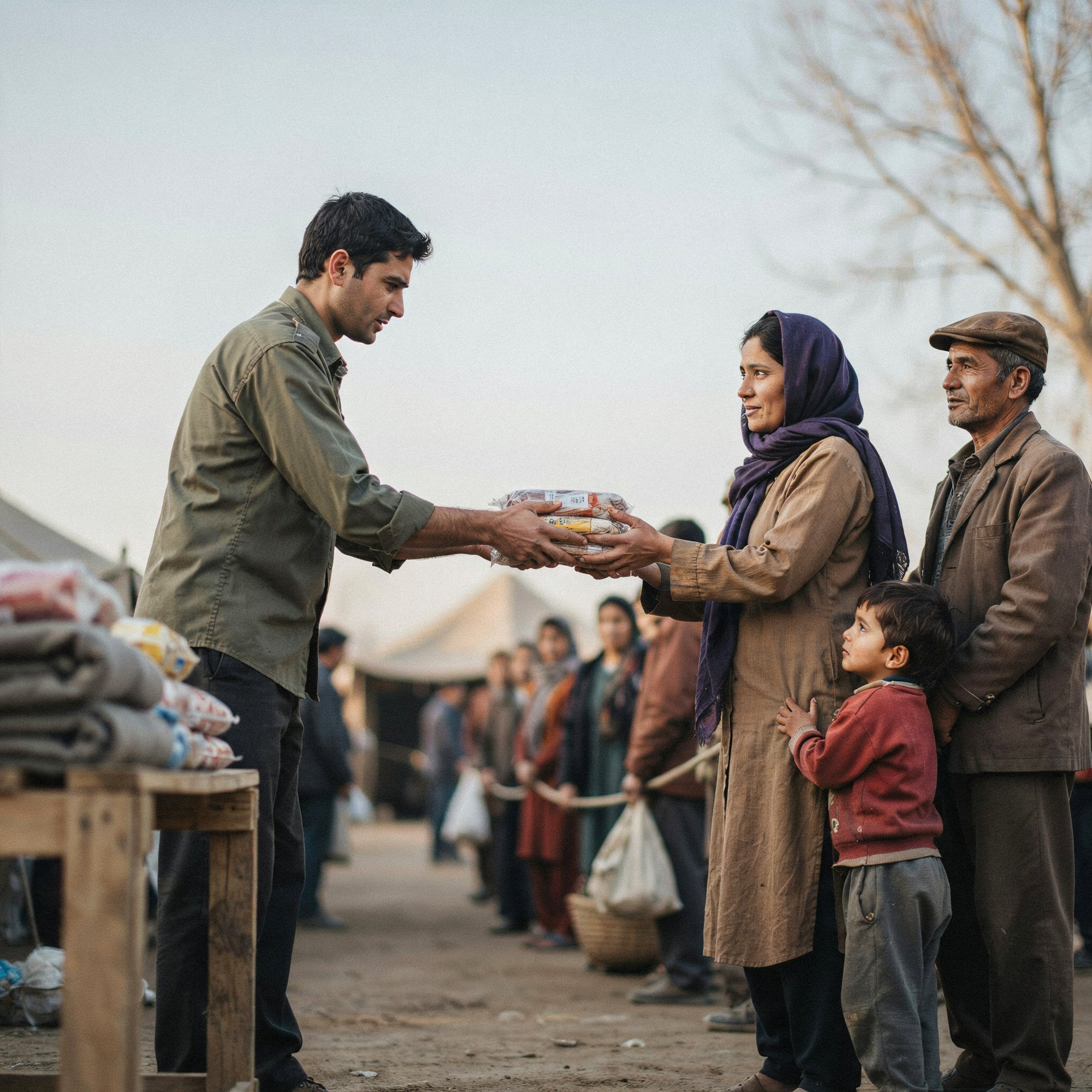 An aid worker handing supplies to a family at an outdoor relief point