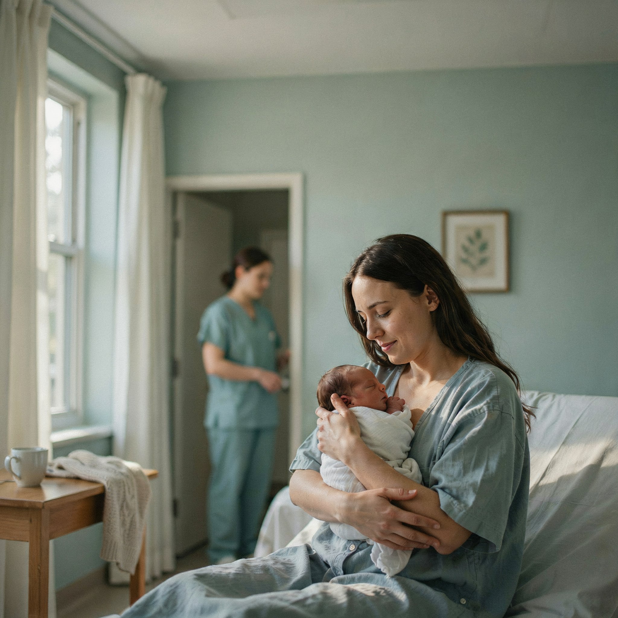A mother holding her newborn in a sunlit clinic